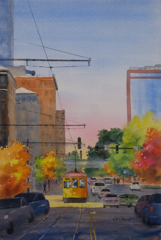 landscape, cityscape, arkansas, little rock, clinton avenue, trolley, street car, original watercolor painting, oberst